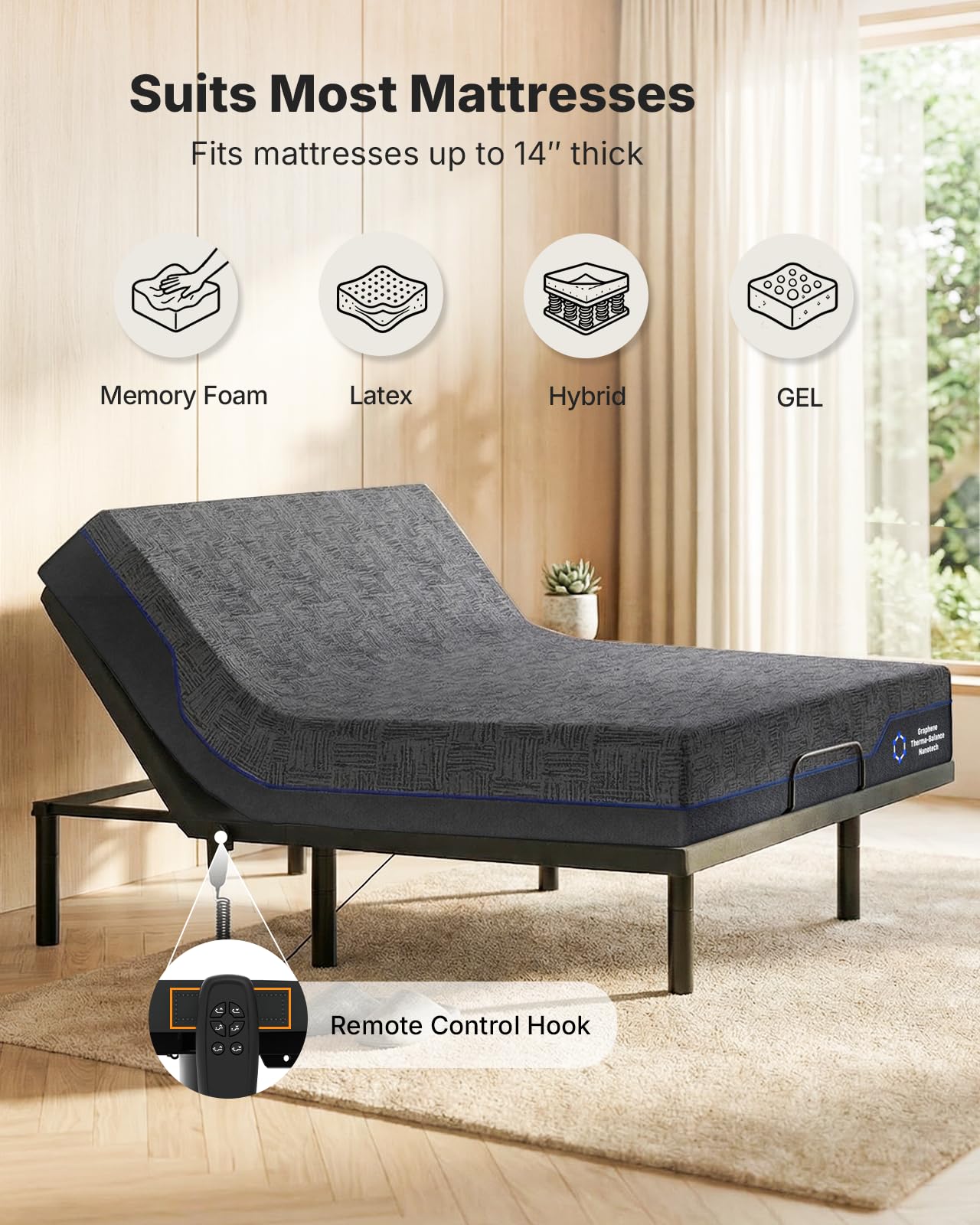 Amada Homefurnishing Adjustable Bed Frame King, Independent Head and Foot Incline, Quiet Motor, 750 lbs Capacity, Adjustable Bed with Stay-Put Wired Remote Control, 4 Bed Height Options, Easy Assembly