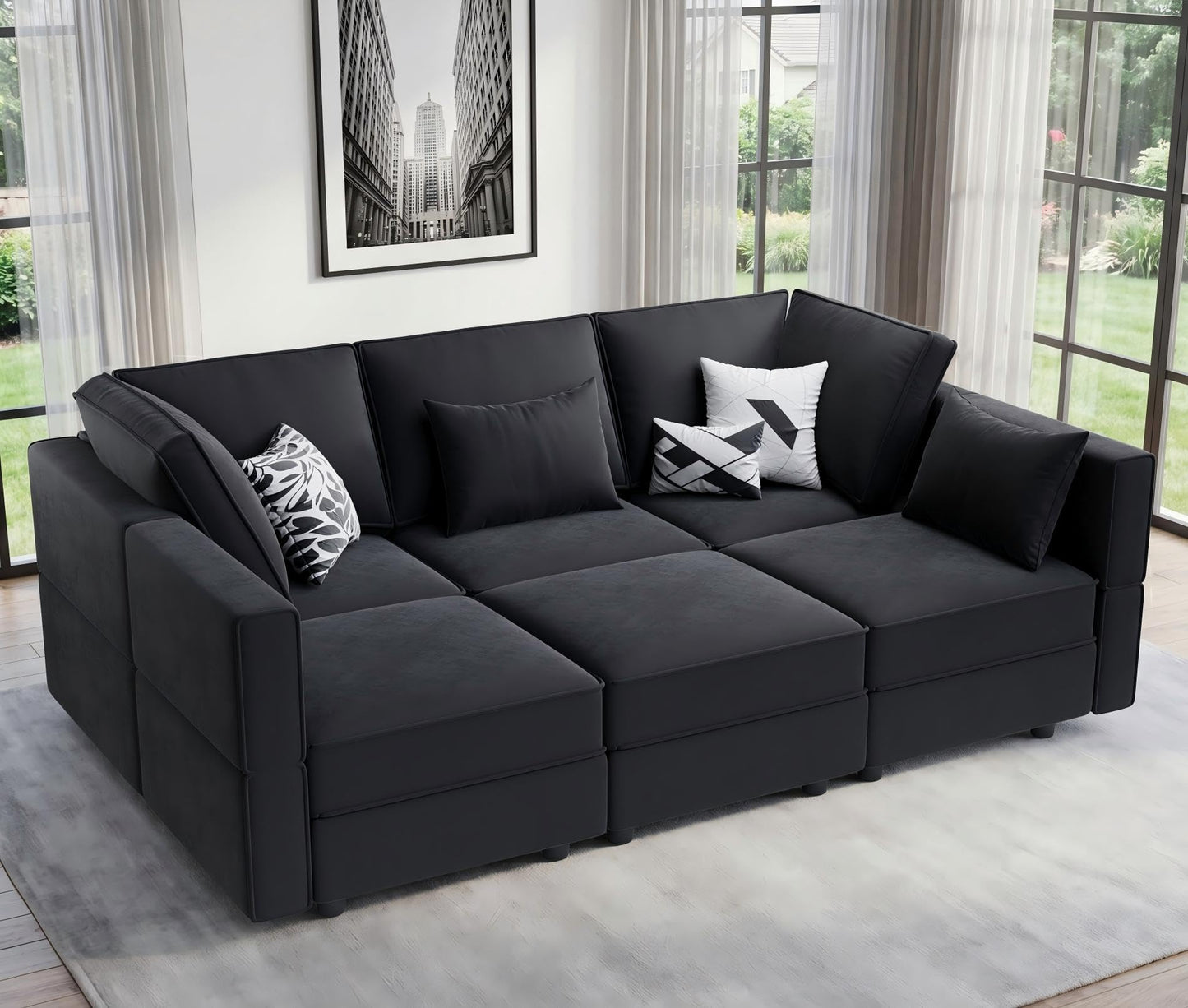Vesgantti Modular Sectional Sofa with Storage, 92" Sofa Bed with 6 Seats Storage Chaises Removable Cover, Deep Seat Modular Couches Velvet Couch Set for Living Room, Apartment, Home Theater, Black