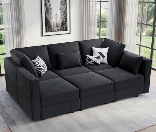 Vesgantti Modular Sectional Sofa with Storage, 92" Sofa Bed with 6 Seats Storage Chaises Removable Cover, Deep Seat Modular Couches Velvet Couch Set for Living Room, Apartment, Home Theater, Black
