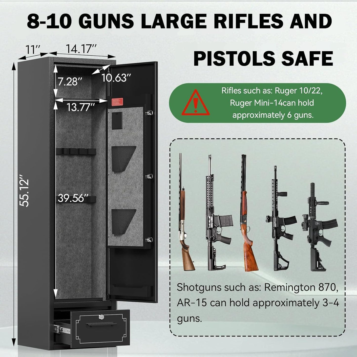 8-10 Large Gun Safe - Gun Safe for Rifles and Pistols Long Rifle Safes Quick Access Gun Cabinet for Shotguns With Drawe Removable Storage Shelf Gun Rack