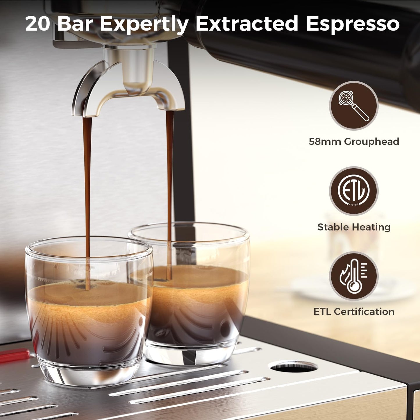 COWSAR 20 Bar Espresso Machine with Grinder & Milk Frother Steam Wand, 58mm Expresso Coffee machines, Commercial Stainless Steel Coffee Maker for Cappuccino and Latte, Perfect for Home Café-Black