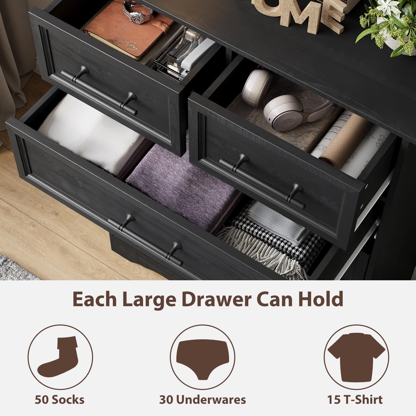 YANSNWO Black Farmhouse Dresser for Bedroom, Modern 6 Chest of Drawers, 44" Tall Chest of Drawers w/Brushed Metal Handle, Wood Closet Organizers and Storage Cabinet for Bedroom, Living Room, Hallway