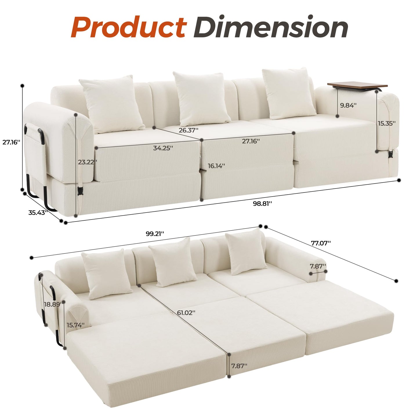 Topcomfy 99.2" Modular Sectional Sofa Bed, Convertible Futon Sleeper Couch with Movable Side Table, Tool-Free Assembly Floor Sofa with Metal Support Frame, Chenille Deep Seat for Living Room Beige