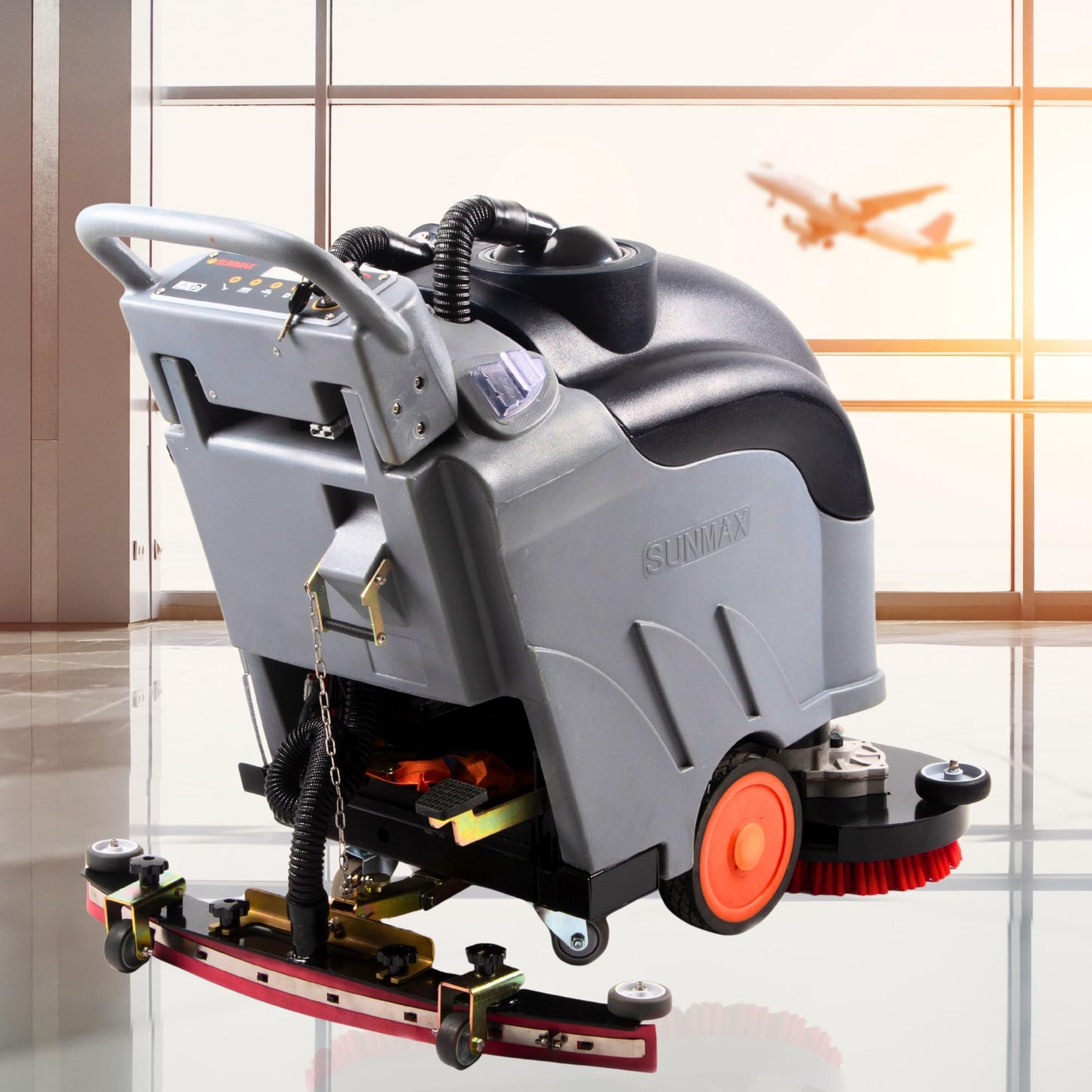SUNMAX 28" Commercial Floor Scrubber Machine, 14.5-gal Tank, Dual Brushes and Sourcing Pads, Self-Propelled Floor Cleaner with Traction Drive