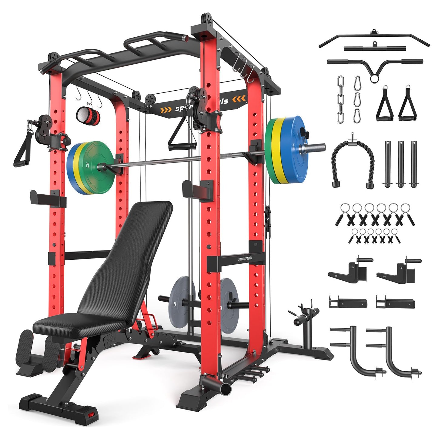 Sportsroyals Power Cage, Multi-Functional Squat Rack, Power Rack with Pulley System & LAT Pull Down, Workout Cage with J Hooks for Home Gym