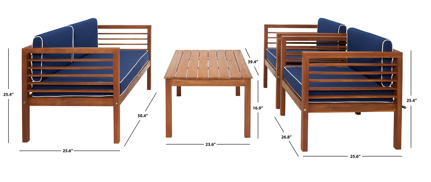 SAFAVIEH Outdoor Collection Alda Natural/Navy Cushion with White Piping 4-Piece Conversation Patio Set