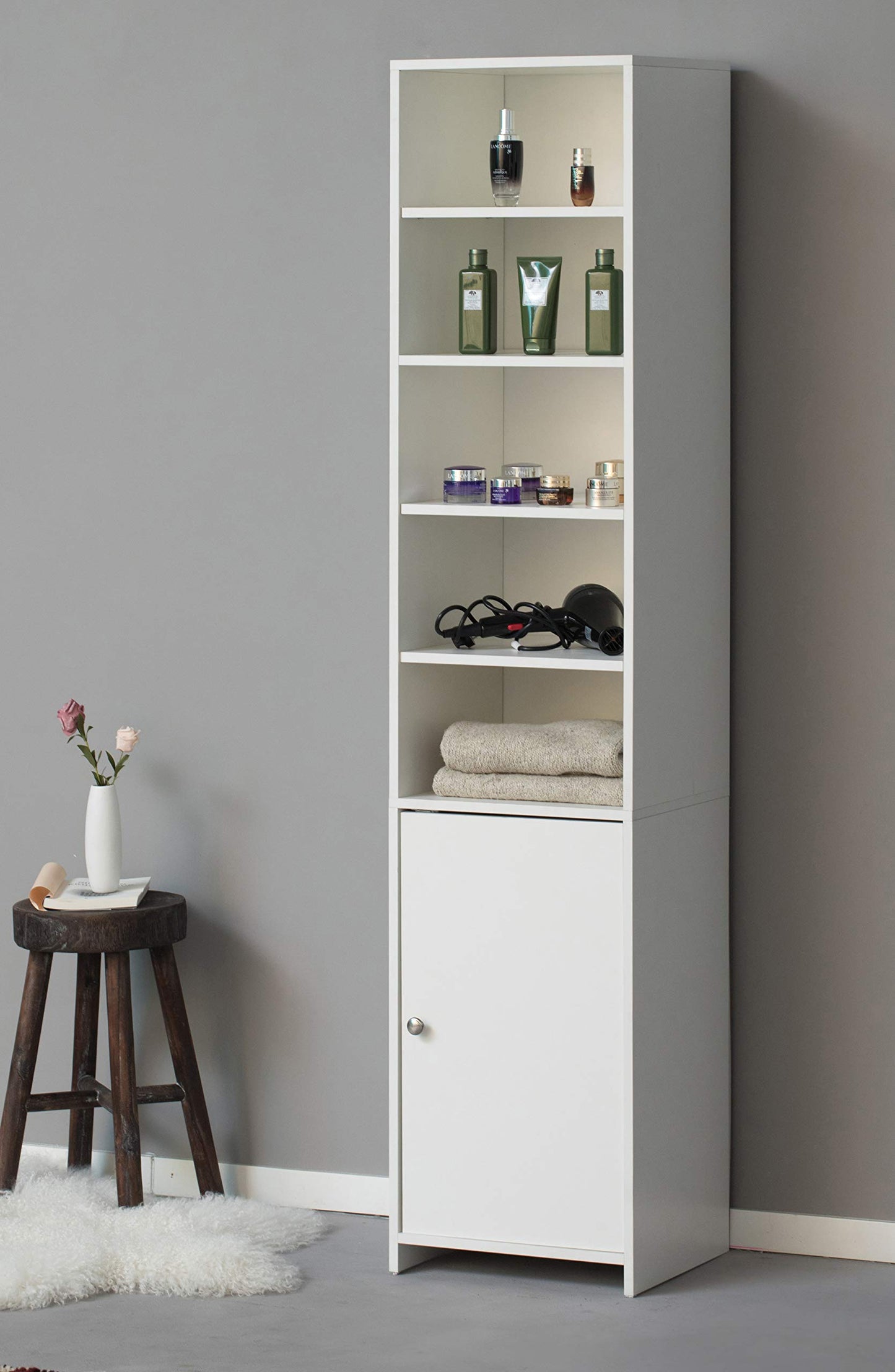 Basicwise Tall Slim Bathroom Storage Cabinet - Freestanding Linen Tower Organizer with 5 Open Shelves, 2 Adjustable Shelves, Sturdy Wood, 72 in High, Narrow White for Bathroom or Laundry