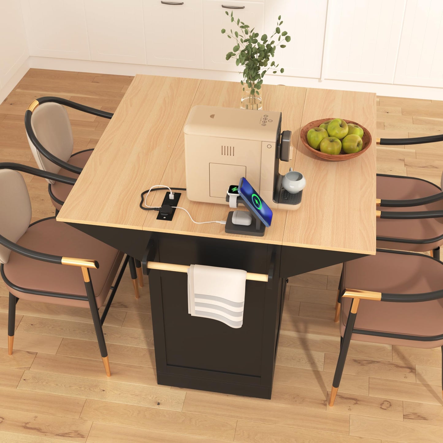 Merax 55.7" Upgraded Large Kitchen Cart Island on Wheels with 2 Drop Leaf,Power Outlet,3 Drawers,Wood Frame Storage Cabinet