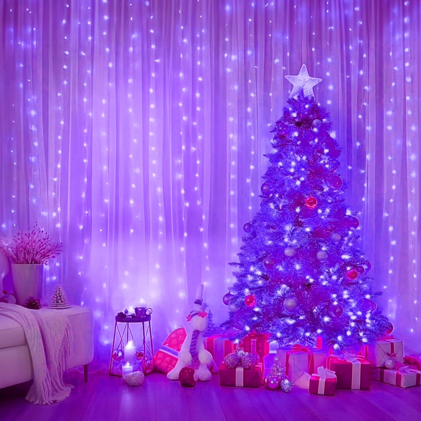 Minetom Purple Curtain Lights, 300 LED Dimmable Fairy Lights, USB Powered, 1 Pack, 8 Modes