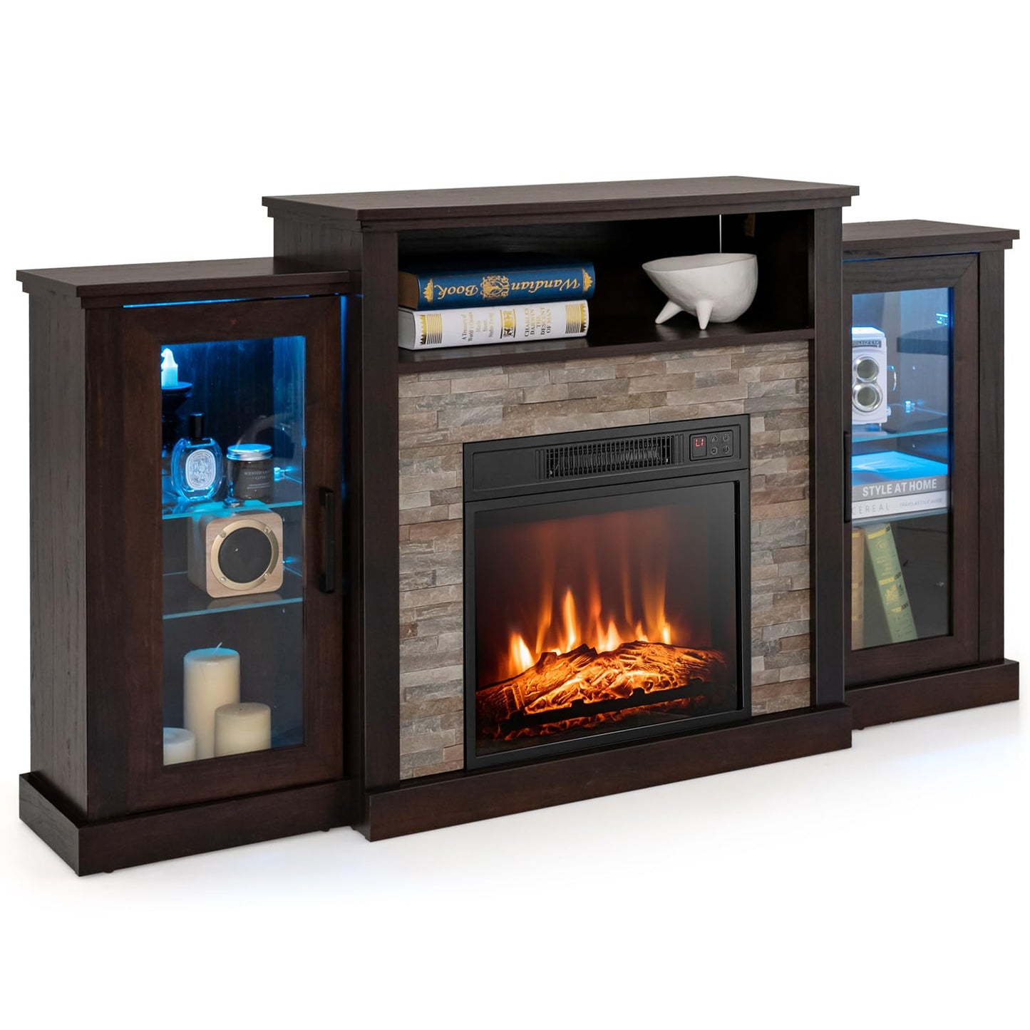 Tangkula Electric Fireplace TV Stand, Electric Fireplace Mantel with 16-Color Led Lights, Adjustable Glass Shelves, Remote & Smart APP Control, TV Console for Living Room (Black)