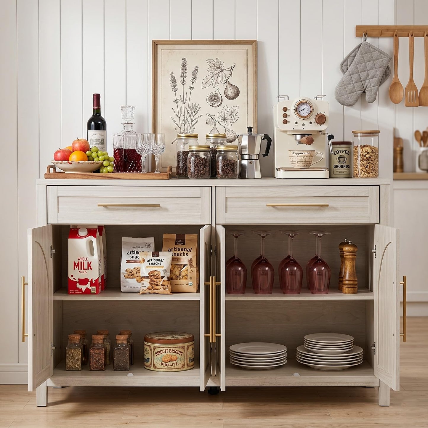 FNeL Mid-Century Modern Arched Sideboard, 55" Buffet Cabinet with Storage, 4-Door Accent Cabinet, Long Sideboard Buffet Table for Kitchen, Living Room, White