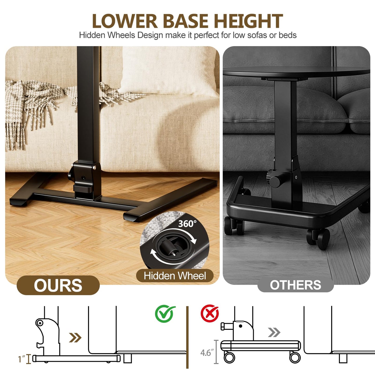 OUKMIC 25 Inch Mobile Foldable Standing Desk, 180 Degree Tiltable Portable Rolling Laptop Table, Height Adjustable Sit-Stand Desk with Wheels, No Assembly Computer Workstation for Home Office, Brown