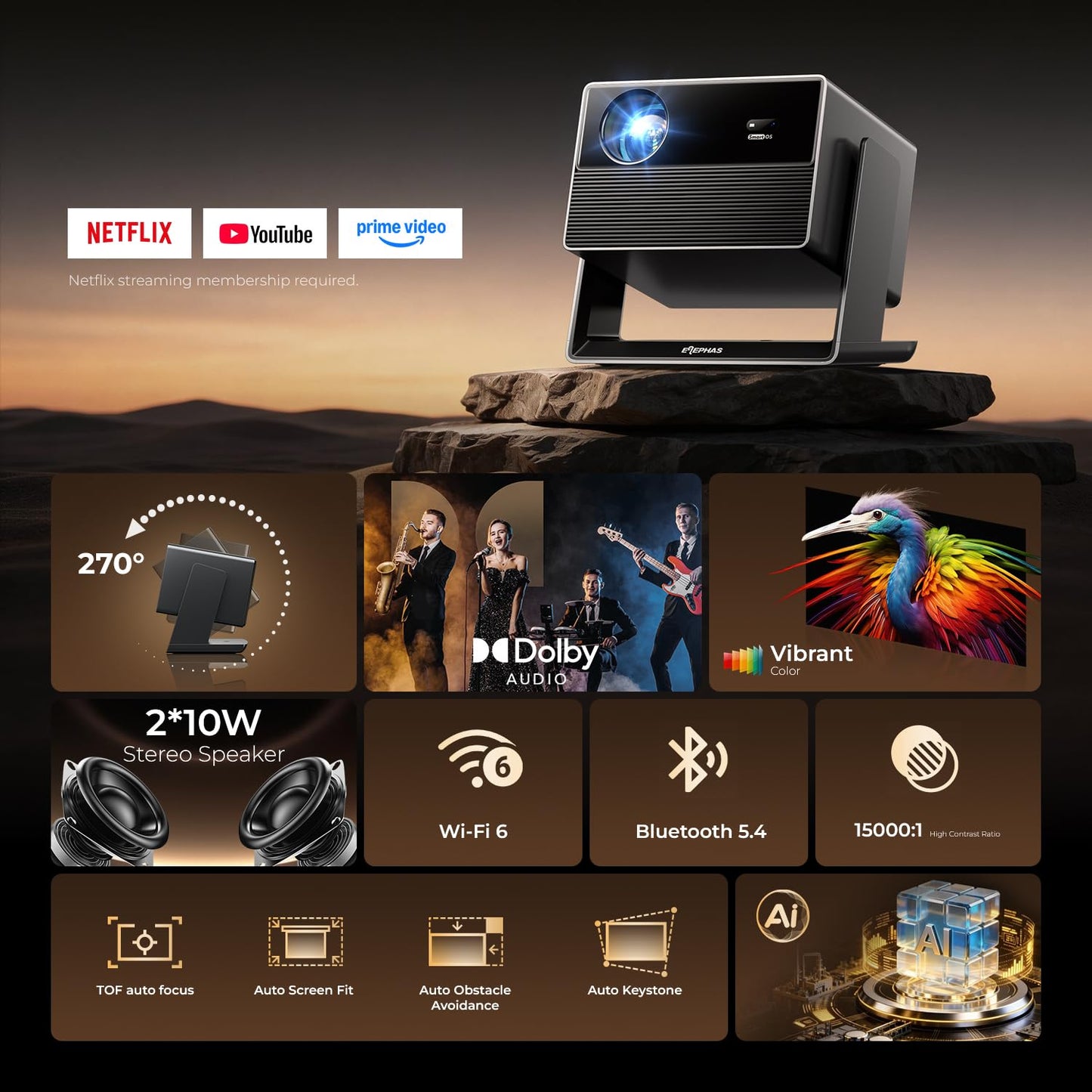 ELEPHAS Smart 4K Projector with WiFi and Bluetooth - Compatible with Prime Video/YouTube, 270° Rotatable, AI Auto Focus & Keystone, Portable Home Theater Movie Projector for Indoor Outdoor