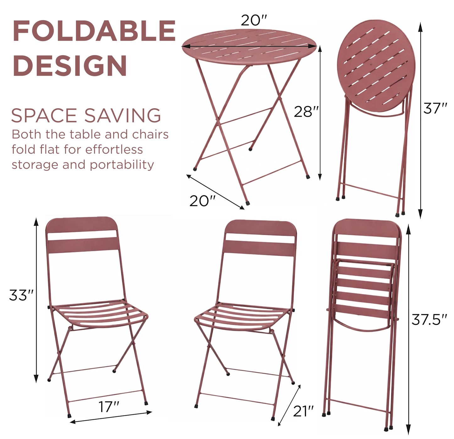 Alpine Corporation VTFAM168A-RD 3-Piece Red Metal Folding Bistro Set – 20" Round Patio Table with 2 Folding Chairs – Portable Indoor/Outdoor Balcony & Garden Furniture Set