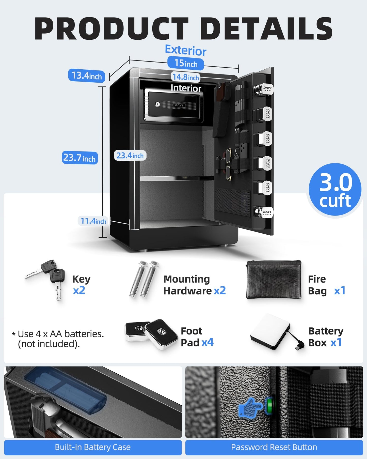 DAYI Biometric Fingerprint Safe Box, 3.0 Cu. Ft. Home Safes with Fireproof Bag, Digital Touchpad Security Safe for Money Cash Documents, Dual Alarm System - 60 Pro