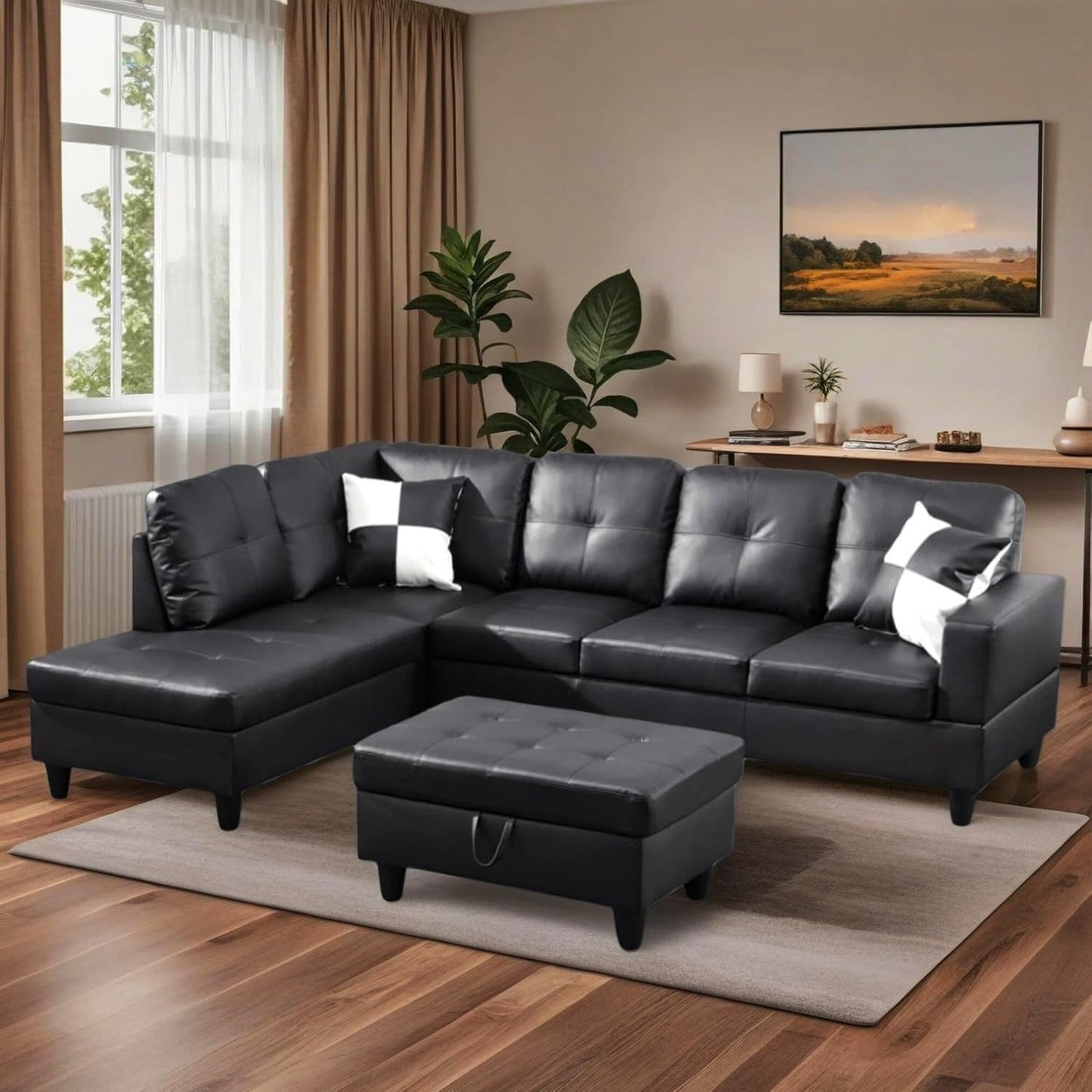 Trygoal 103.5" Sectional Couches for Living Room, Leather 4 Seat L Shaped Couch with Chaise, 3-Piece Modular Sofa with Storage Ottoman, Home Furniture Sets for Apartment Office, Black