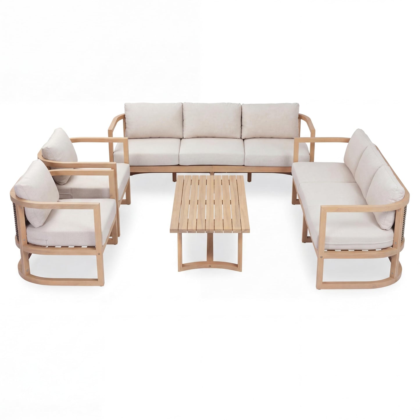 Christopher Knight Home Fido 8-Seater Patio Furniture Set with Cushion, 5 Piece Outdoor Acacia Wood Conversation Set, Sold Wood Outdoor Sectional Sofa Set with Coffee Table, Light Teak+Beige