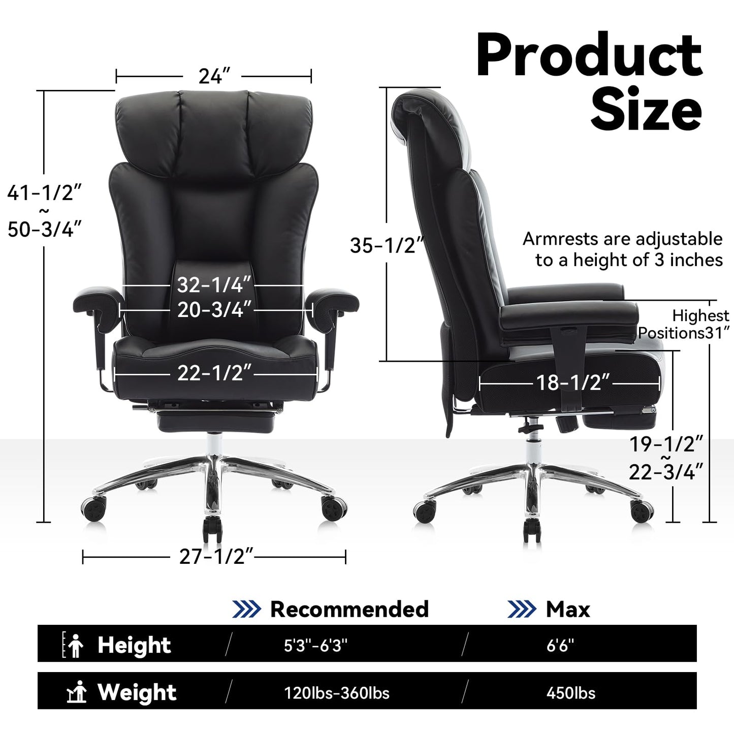 Efomao Big and Tall Office Chair 450lbs, 5.9" Thick Pocket Spring Executive Office Chair with Footrest, High Back PU Leather Desk Chair, Wide Seat Computer Chair, Black