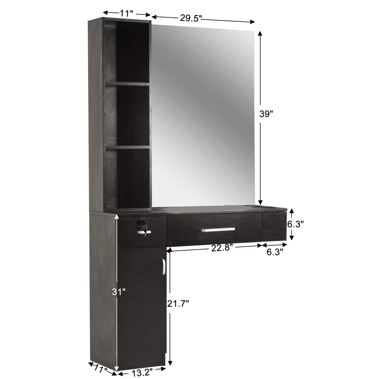BarberPub Wall Mount Hair Styling Station with Mirror Beauty Salon Spa Equipment Set with 3 Hair Dryer Holders 3036 (Black)