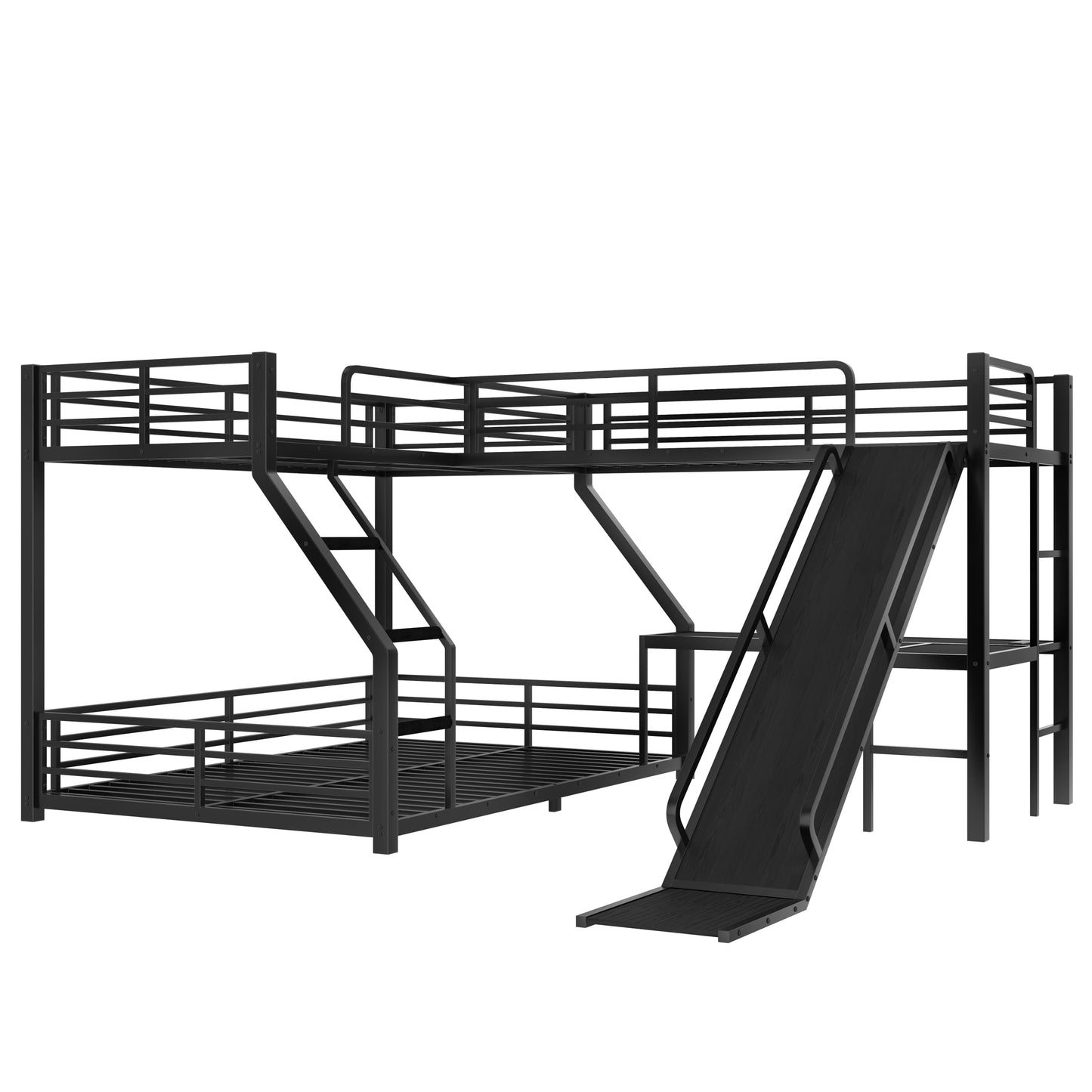 Metal Twin XL Over Queen Bunk Beds with Twin Loft Beds, Heavy Duty Triple Bunk Bed Frame with Slide and Desk,L-Shaped Triple Bunk Beds with Charging Station for 3 Kids,Black