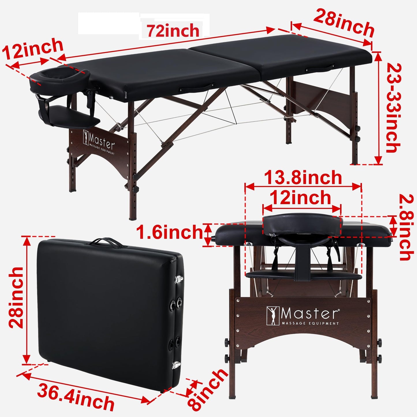 Master Massage 28" Argo Portable Massage Table in Black with Walnut Legs- Spa Bed for Tabletop Exercise & Massage- Beauty Bed Tattoo Bed- Lash Table