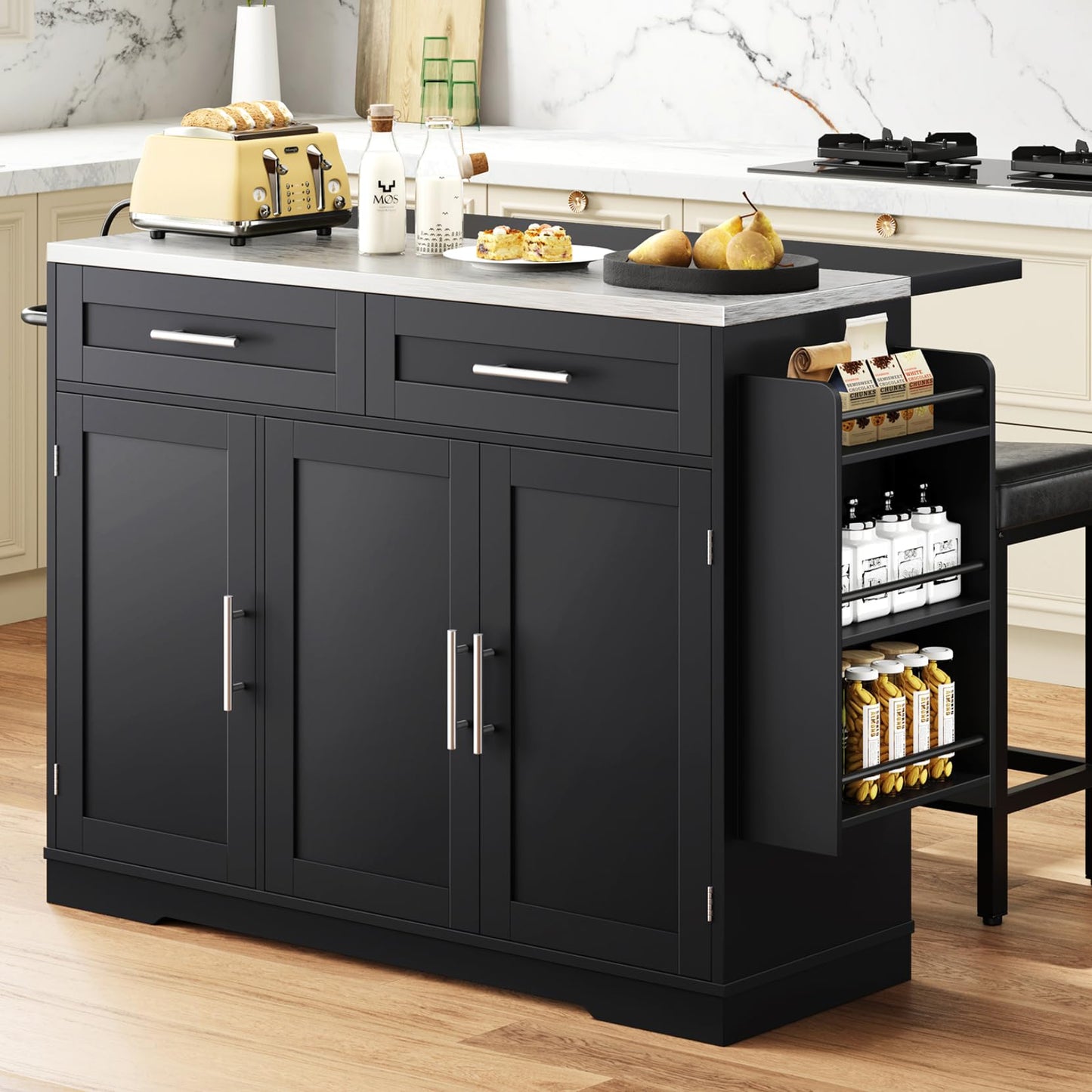 Concho 56'' Rolling Kitchen Island with Seating and Stainless Steel Countertop, Mobile Kitchen Carts with Folding Drop Leaf, 2 Bar Stools, Power Outlet, Spice/Towel Rack, Zest Black