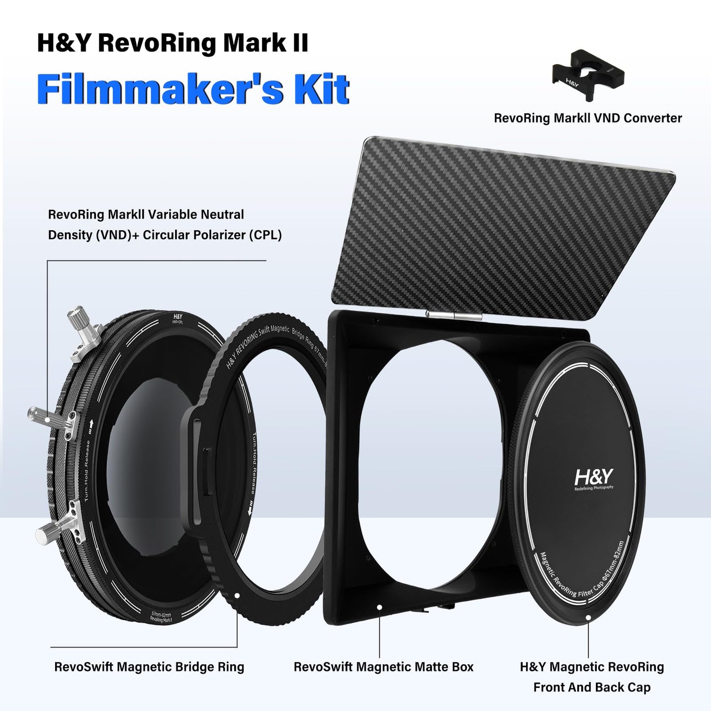 H&Y Filmmaker's Kit Revoring Mark II 67-82mm VND (ND3-1000) Neutral Density Filter & CPL Circular Polarizer + VND Converter + RevoSwift Magnetic Bridge Ring + Magnetic Matte Box + RevoRing Cap