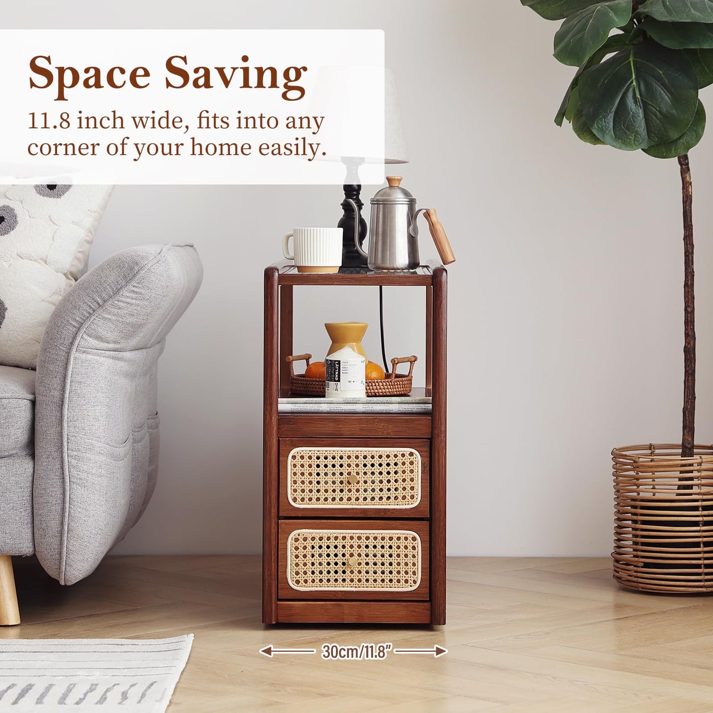 Tiita Rattan Nightstand Side Table, Bamboo Accent Bedside Tables, Glass Coffee Tables, Boho Wooden End Table with Storage for Small Space, Living Room and Bedroom