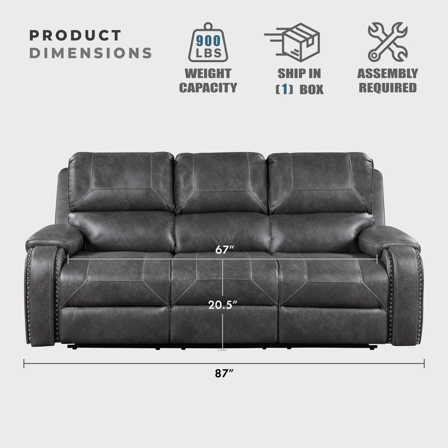Lexicon Modern Double Recliner Sofa, Faux Leather Reclining Sofa with Nailhead, Center Drop-Down Cup Holders, Receptacles, USB Ports, Manual Recliner Couch Sofa for Living Room/Office/Apartment, Grey