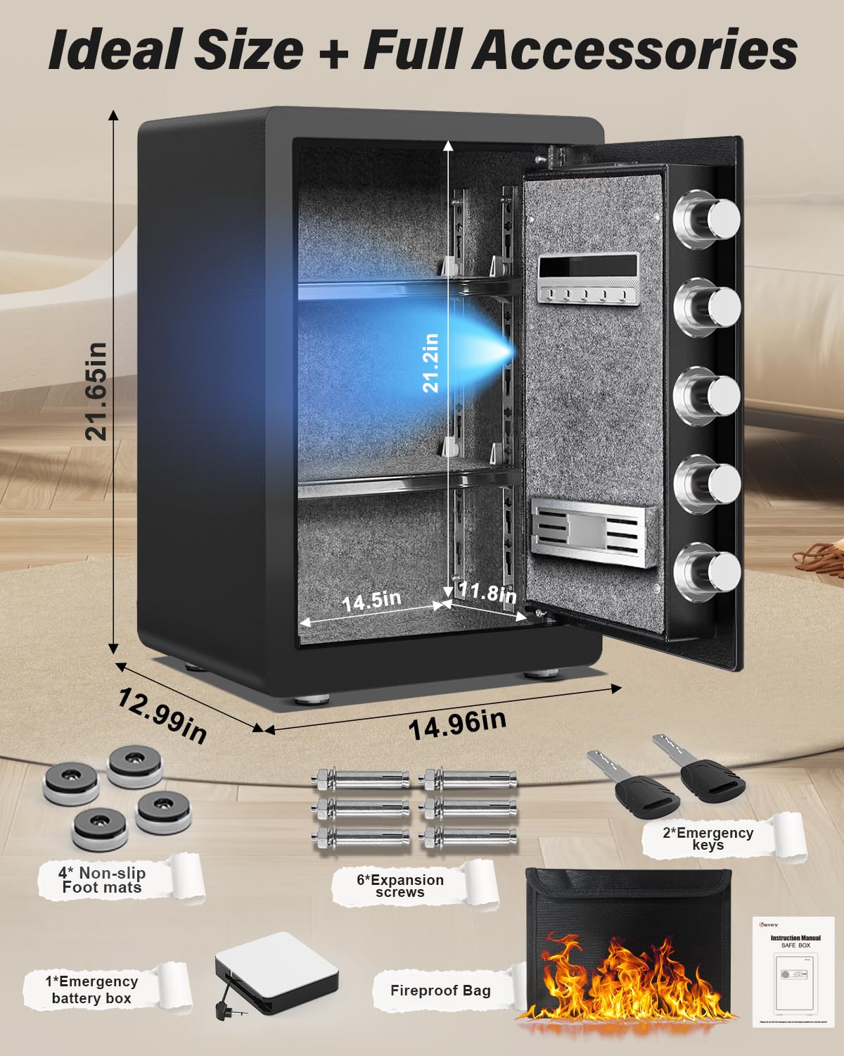 Kavey 2.5 Cub Safe Box, Large Home Safe with Fireproof Waterproof Bag, Security Safes with Backlit Touch Screen Keypad, Dual Alarm System and Mute Function for Home Office 13"D x 14.96"W x 21.65"H