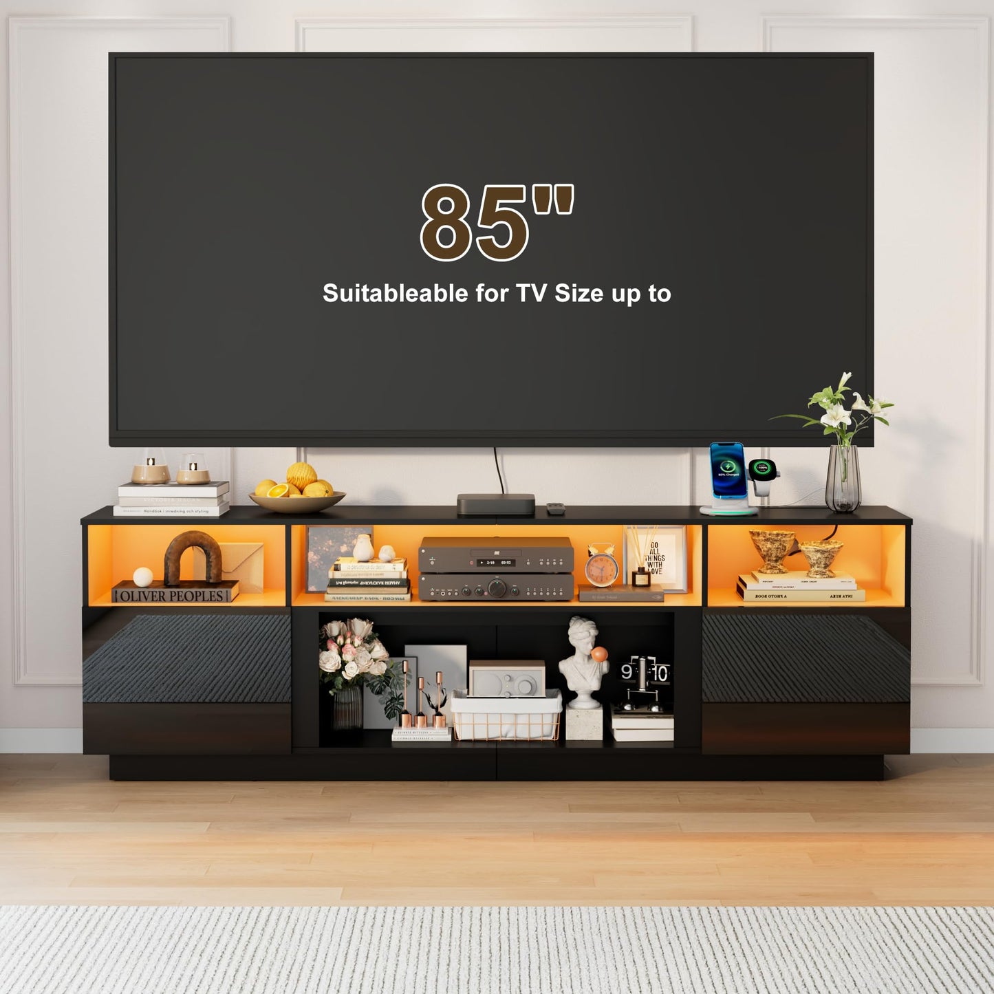 80" TV Stand for TVs up to 85", Multifunctional Entertainment Center with Large Storage & RGB LED Lights, TV Cabinet with Power Outlet, Modern TV Console for Living Room, Bedroom, and Rec Room, Black