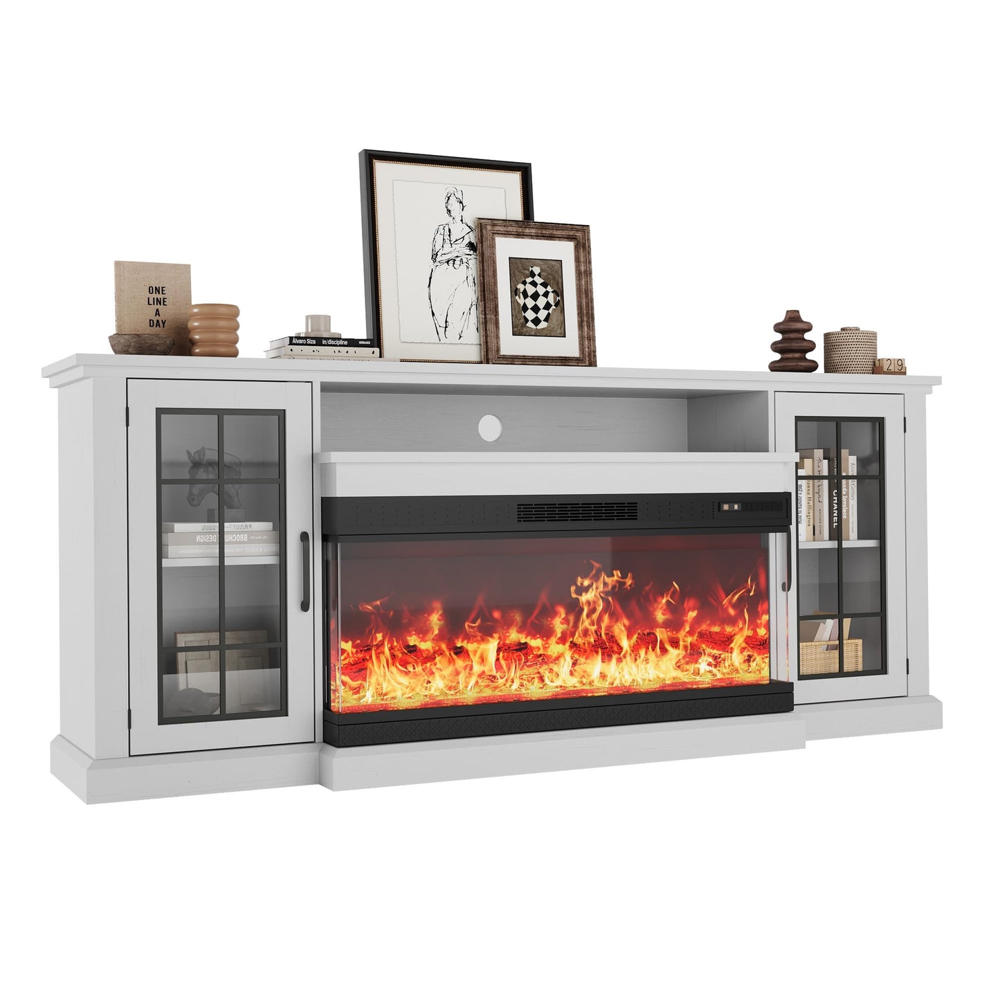 Fireplace TV Stand with 3-Sided Glass, Adjustable LED Flame, Glass Doors & Storage Shelves, Modern Farmhouse Entertainment Center for TVs Up to 85", Electric Fireplace Console Table for Living Room