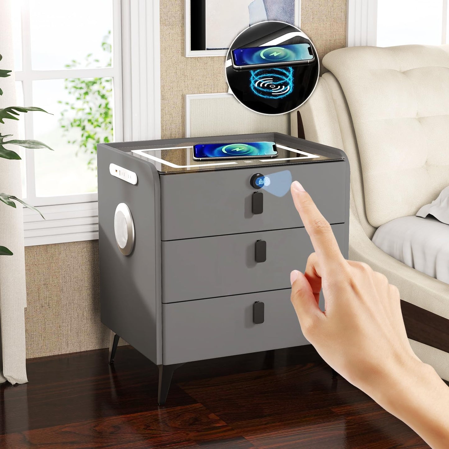 QHRAY Smart Nightstand with Fingerprint Lock Drawer, Nightstand with Wireless Charging, Night Stand with Charging Station,2 USB, LED Lights Bluetooth Speaker Side Table for Bedroom/Living Room