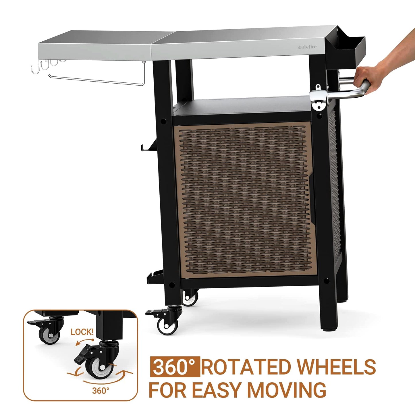 onlyfire 35 Inch Rolling Kitchen Island with XL Stainless Steel Top & Rattan Cabinet, Heavy-Duty BBQ Serving Cart for Indoor/Outdoor, Single Door Storage Worktable with Side Shelf & Wheels