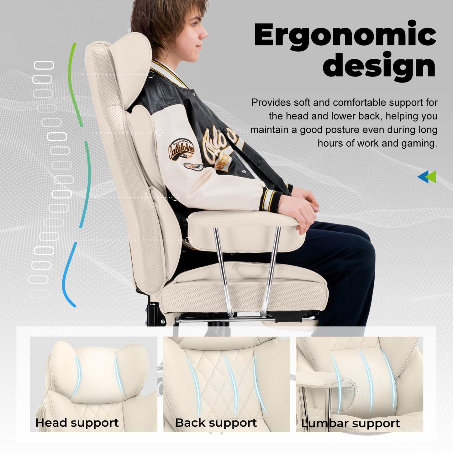 COMHOMA Big and Tall Office Chair, High Back Leather Gaming Chair with Footrest, Executive Ergonomic Office Chairs with Pocket Spring Lumbar Support and with Outward Fixed Soft Armrests