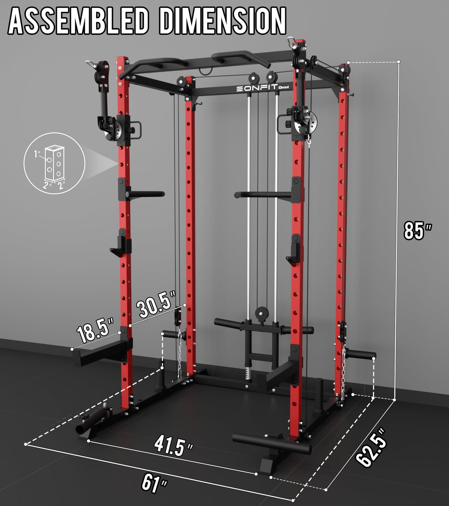 Eonfit E2 Power Cage with 3D Rotation Arms - Multi-Functional Power Rack for Home Gym. 1500lb Squat Rack for Home Gym. Pulley System for Cable Crossover & LAT Pulldown (RED, PRO)