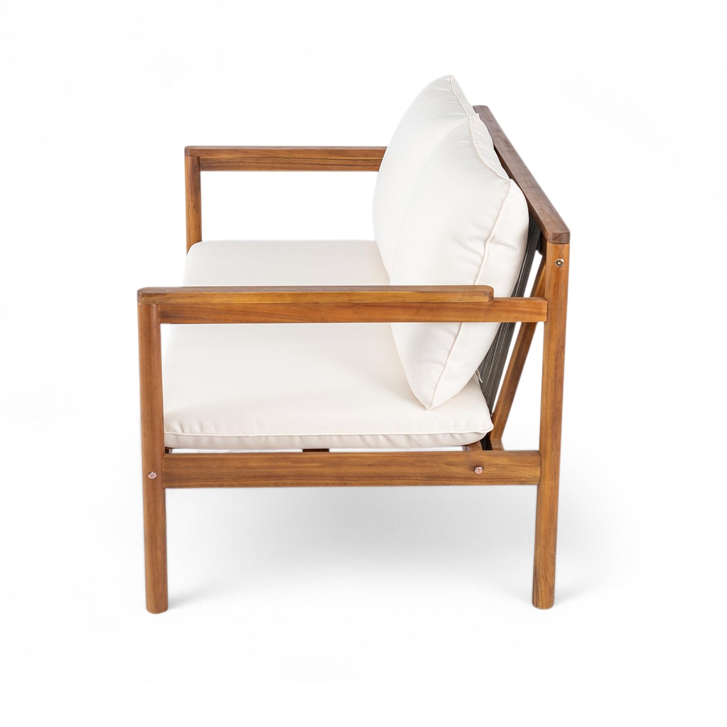 Christopher Knight Home Vorms Outdoor Loveseat with Coffee Table, 2-Piece Acacia Wood Patio Furniture Set with Rope Backrest, Patio Conversation Chat Sets for Backyard Balcony, Teak+Cream