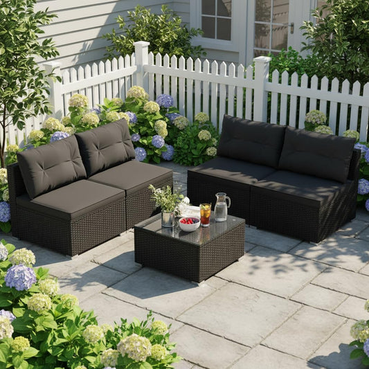 Tangkula 5 Piece Rattan Sofa Set, Outdoor Wicker Furniture Set w/Seat & Back Cushions, Square Coffee Table, Patio Sectional Sofa Set for Backyard, Poolside, Garden (Black)