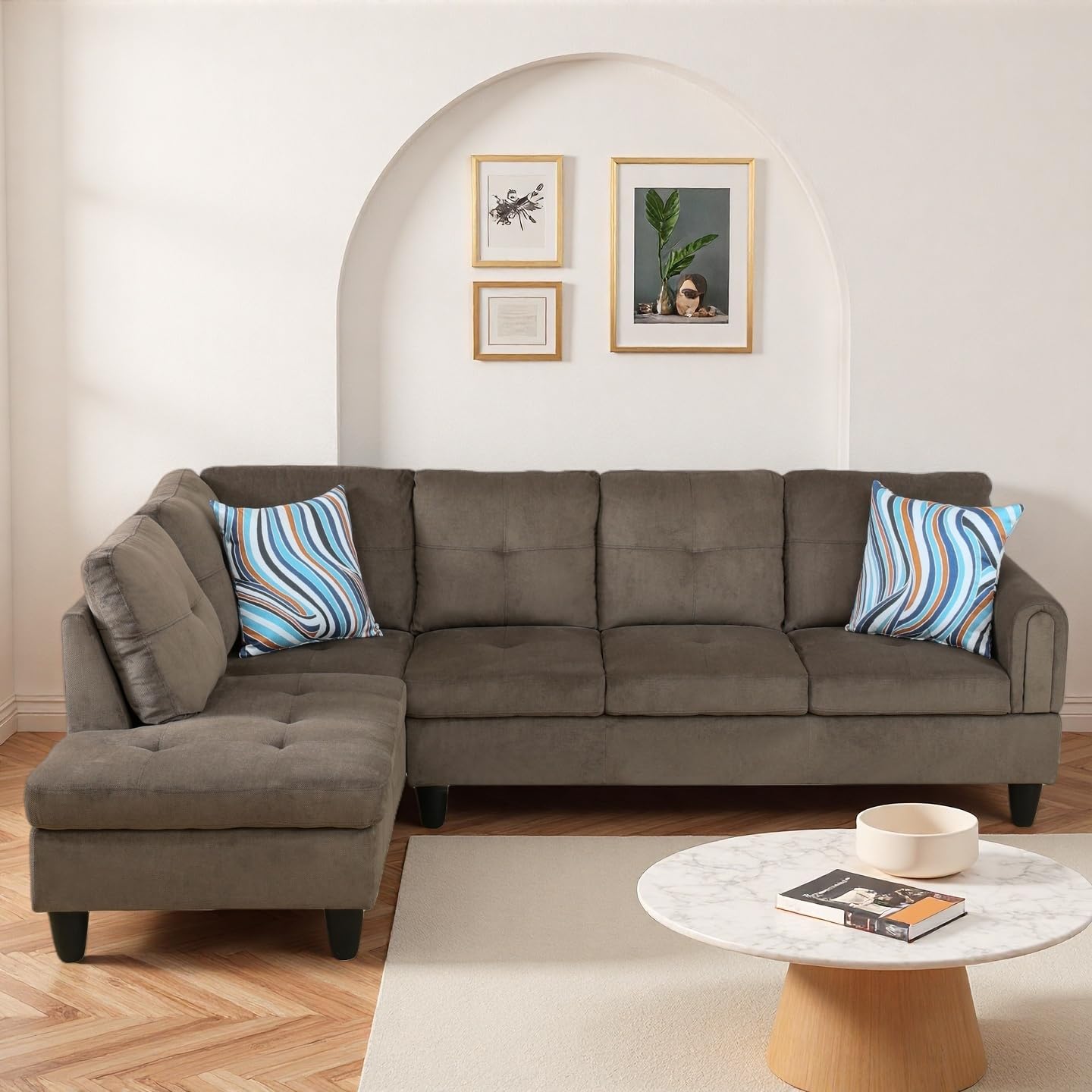 Trygoal Modern L-Shaped Sectional Sofa with Chaise Lounge, 4-Seater Velvet Couch with High-Density Foam Cushions, for Living Room, Apartment, Studio, Easy Assembly, Brown