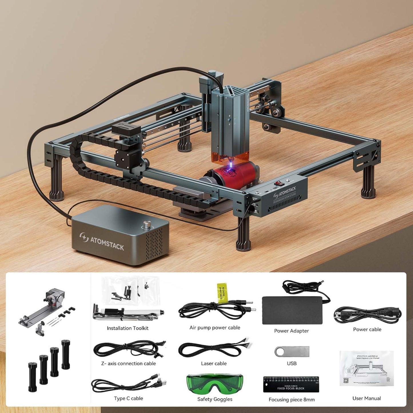 ATOMSTACK A40 Pro V2 48W Laser Engraver R8 Rotary Chuck, High Accuracy Laser Cutter and Engraving Machine with Auto Air Assist, Professional DIY for Wood, Metal, Acrylic, Stone, Leather and Jewelry