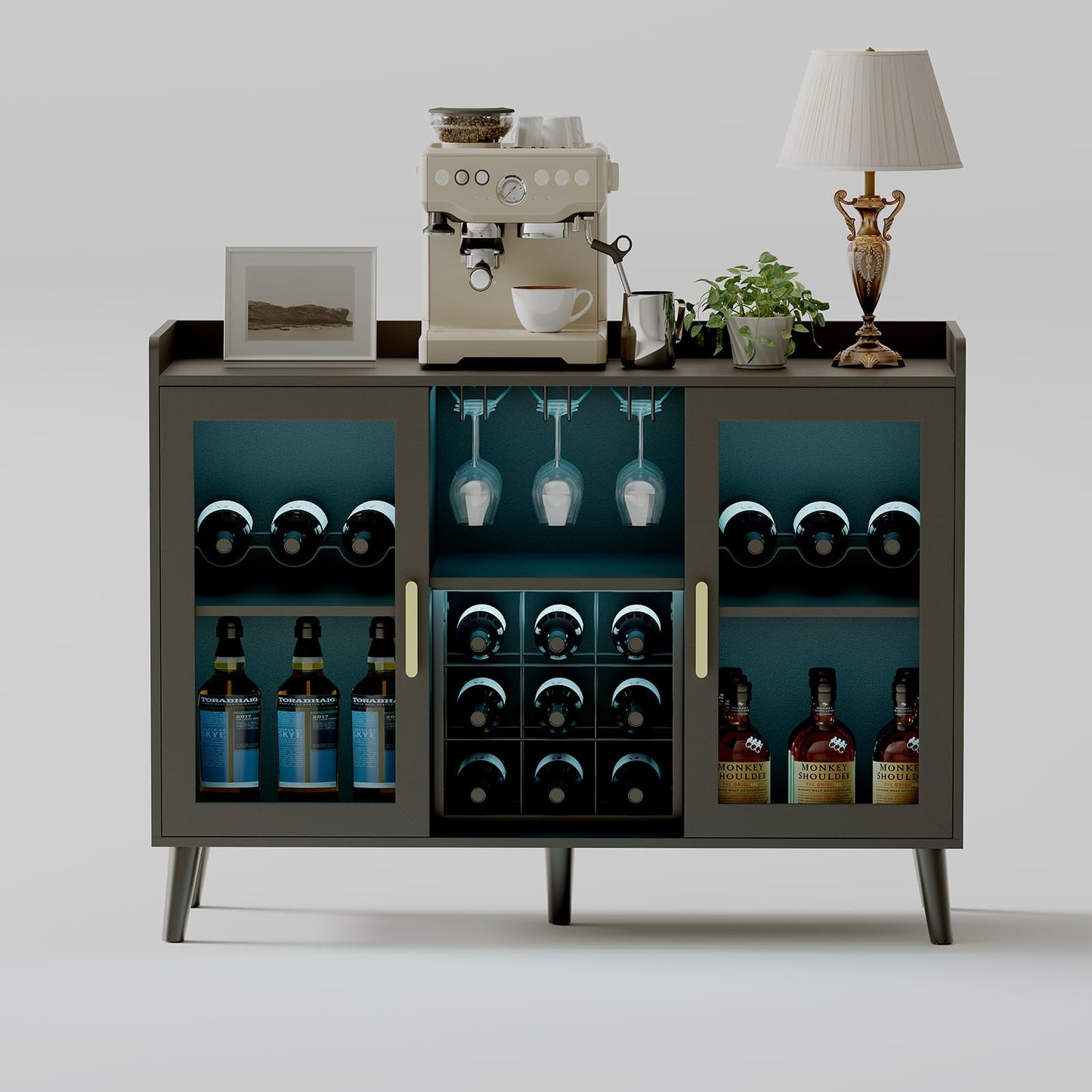 Patikuin Modern Wine Bar Cabinet with Adjustable LED Lighting, Glass Doors, Wine Rack & Glass Holder – Multi-Functional Freestanding Liquor Sideboard for Dining Room, Kitchen, Living Room – Color: