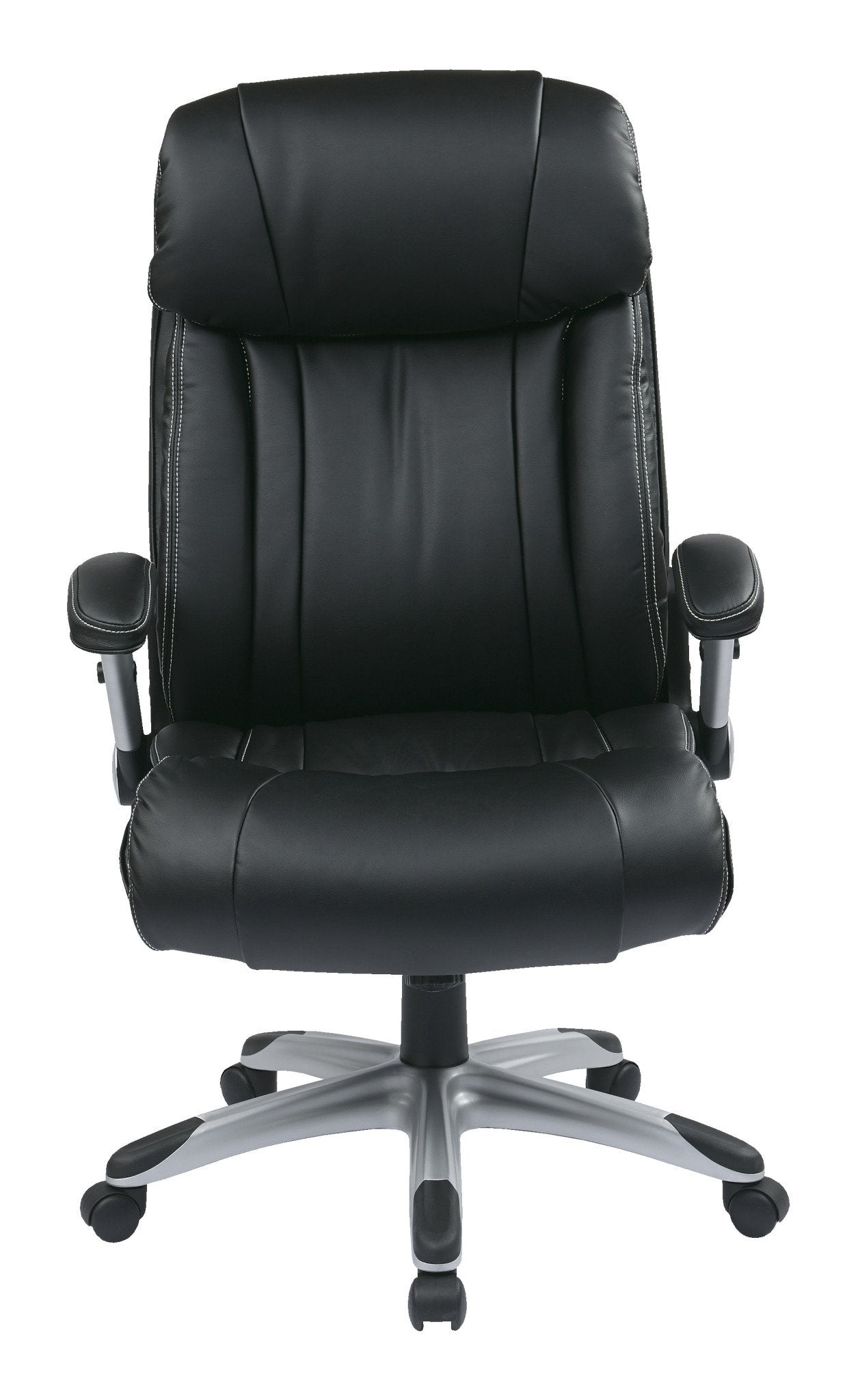 Office Star ECH Series High Back Executive Bonded Leather Office Chair with Adjustable Padded Flip Arms, Black with Silver Coated Base