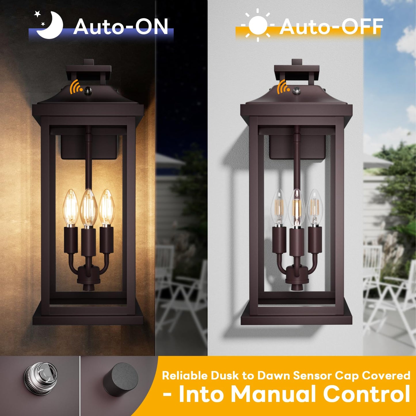 VenzBlomia Outdoor Wall Lanterns 3-Light, 20in Oil Rubbed Bronze, 2-Pack, Dusk to Dawn Photocell Sensor, Vintage Metal Sconce