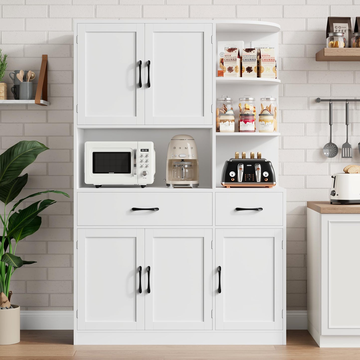 BOTLOG 67" Kitchen Pantry Cabinet, Modern Kitchen Hutch with 5 Doors and 2 Drawers, 3-Tier External Shelf, Large Pantry Storage Cabinet with Microwave Stand for Dining Room (White)