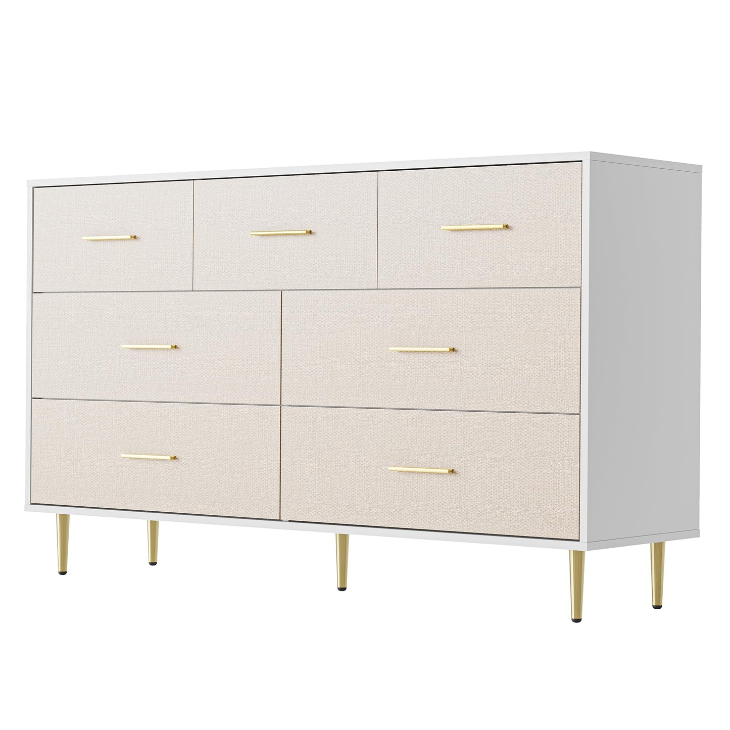 Garvee White Dresser, Modern 7 Drawer Dresser for Bedroom with Gold Handle and Legs, Wooden Nightstand with Linen-Textured Surface, Narrow Accent Cabinet End Table for Living Room, Hallway, Entryway