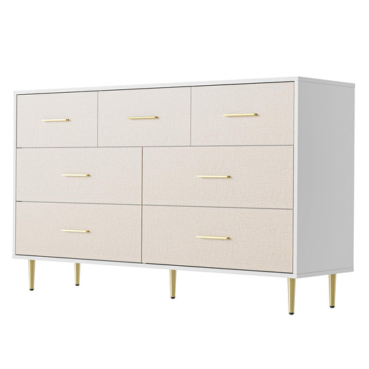 Garvee White Dresser, Modern 7 Drawer Dresser for Bedroom with Gold Handle and Legs, Wooden Nightstand with Linen-Textured Surface, Narrow Accent Cabinet End Table for Living Room, Hallway, Entryway