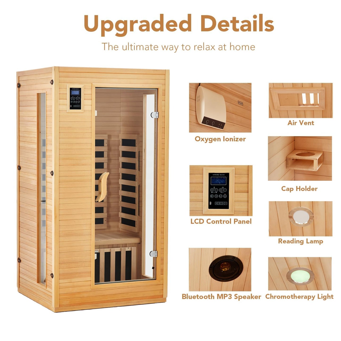 1 To 2 Person Infrared Sauna for Home, Low EMF Far Infrared Therapy with 6 Heating Plates, Canadian Hemlock Wood Dry Sauna Room with Chromotherapy Light, Bluetooth Speaker & Dual Controls, Home SPA