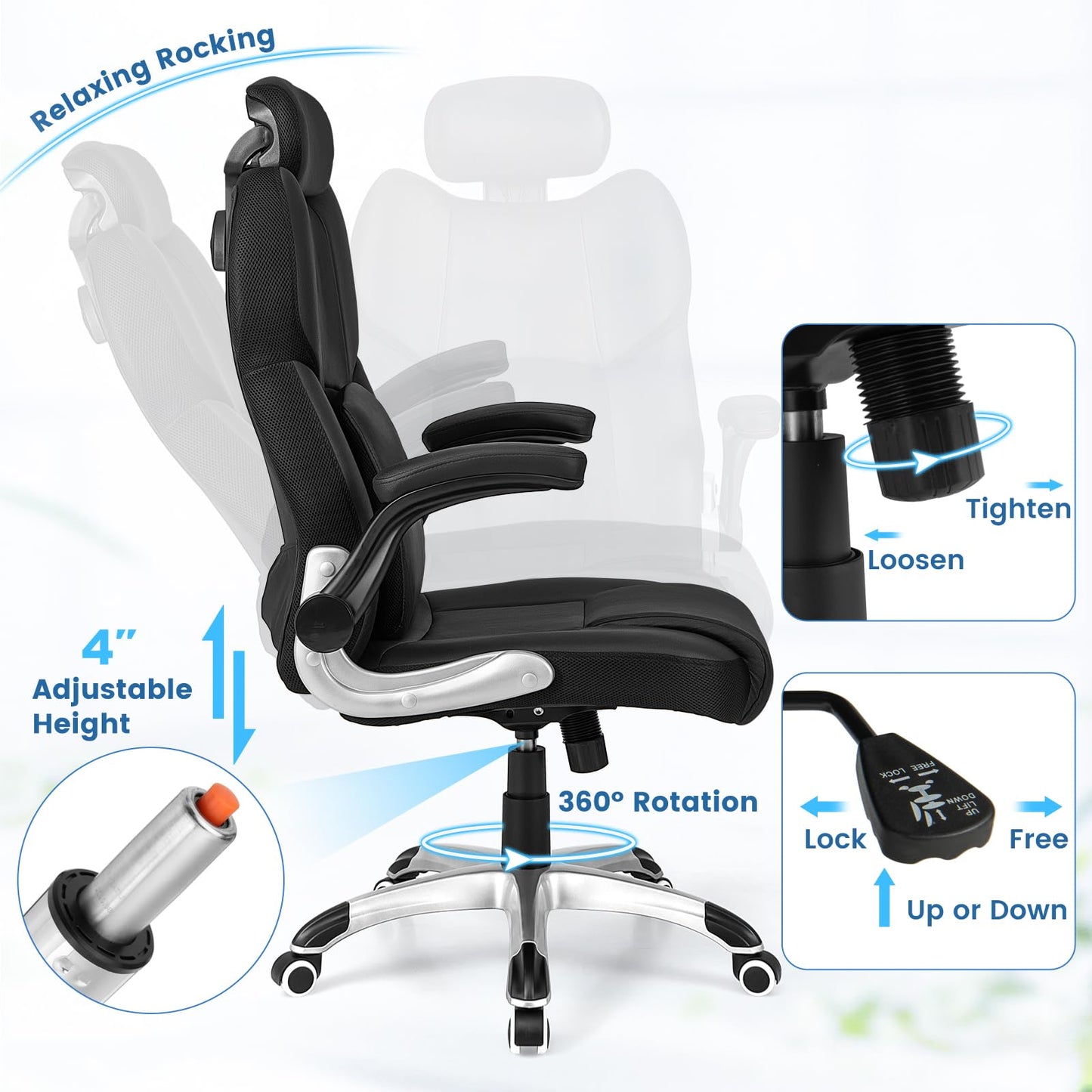 Giantex Executive Office Chair, Kneading Massage Computer Chair with Removable Lumbar Support Pillow, Adjustable Headrest, Faux Leather Rolling Desk Chair with Flip-up Armrests for Home Office, Black