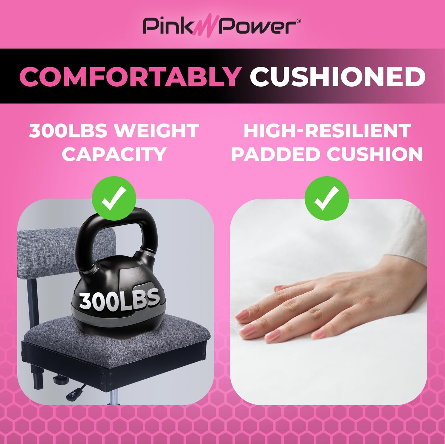 Pink Power Sewing Chair with Wheels and Adjustable Back Support - Hydraulic Armless Machine Chair for Crafting, Quilting, Artists - Sewing Room Furniture - Ergonomically Designed Professional