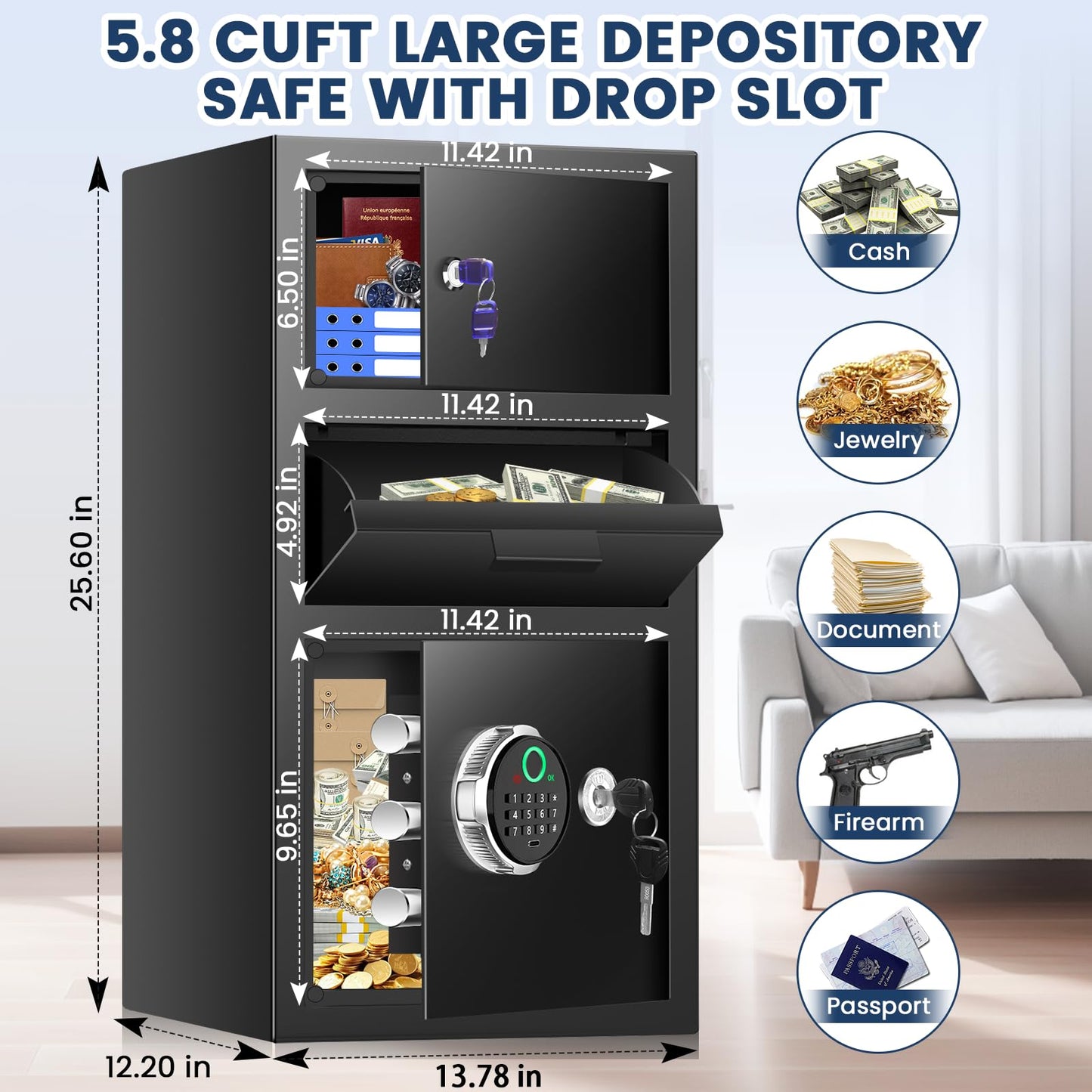 5.8 Cuft Biometric Depository Drop Safe for Business, Heavy Duty Fingerprint Safe Box with Quick Place Drop Slot, Digital Keypad and Spare Key, Drop Safes for Business Retail Mail Church